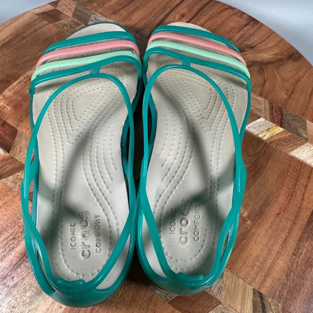 Crocs Isabella Strappy Sandals Teal Multi Color Women Size 5 Flat Jelly Shoes